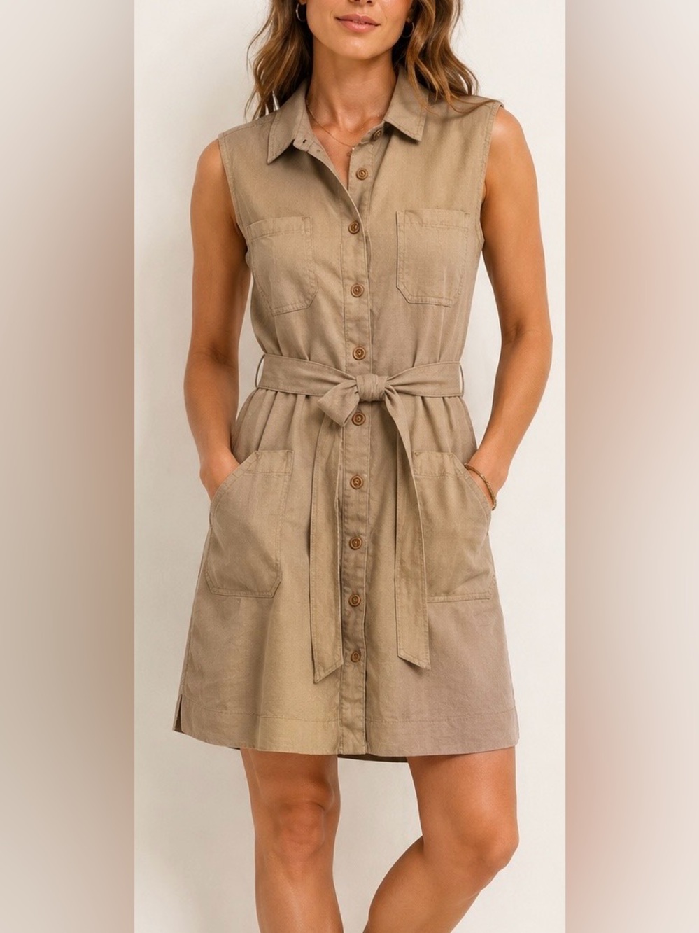 Level 99 Anthropologie Linen Blend Stretch Utility Shirt Dress Sandcastle NWOT S